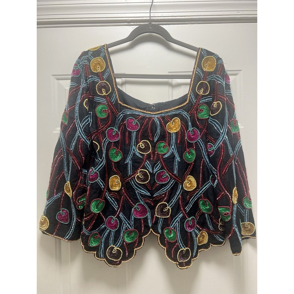 VTG Beaded Silk Beaded Sequin Scallop Hem Festival Shirt Top Sz M Bling Boho - Picture 1 of 6